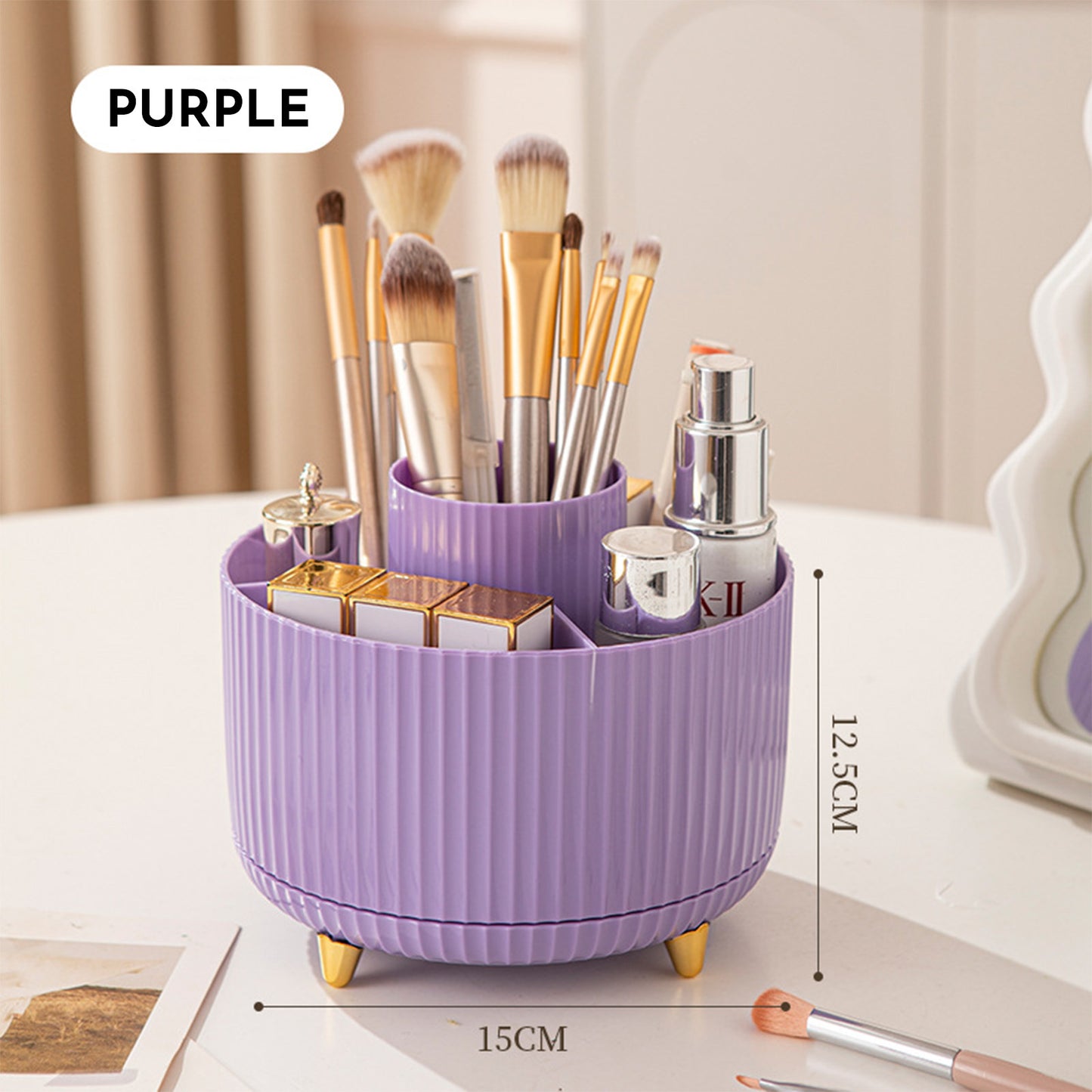 360 Rotating Makeup Brush Holder & Organizer Countertop Storage For Cosmetics & Skincare 8 Colors